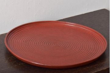 明治〜大正　朱塗　轆轤目欅　丸盆(ケヤキ、渦巻、根来?)(R-045152)