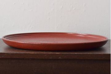 明治〜大正　朱塗　轆轤目欅　丸盆(ケヤキ、渦巻、根来?)(R-045153)