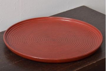 明治〜大正　朱塗　轆轤目欅　丸盆(ケヤキ、渦巻、根来?)(R-045153)