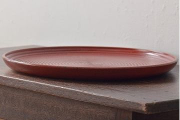 明治〜大正　朱塗　轆轤目欅　丸盆(ケヤキ、渦巻、根来?)(R-045153)