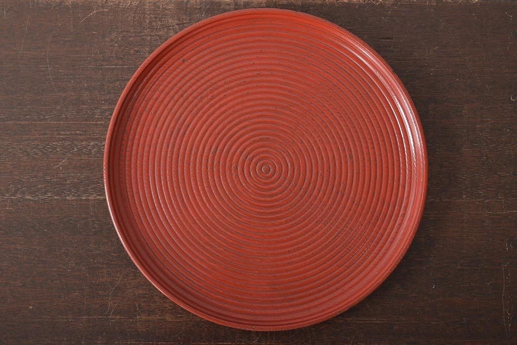 明治〜大正　朱塗　轆轤目欅　丸盆(ケヤキ、渦巻、根来?)(R-045153)