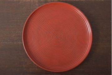 明治〜大正　朱塗　轆轤目欅　丸盆(ケヤキ、渦巻、根来?)(R-045153)