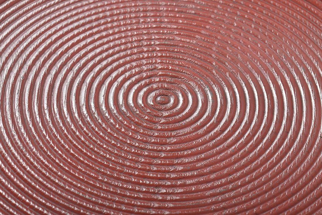 明治〜大正　朱塗　轆轤目欅　丸盆(ケヤキ、渦巻、根来?)(R-045153)