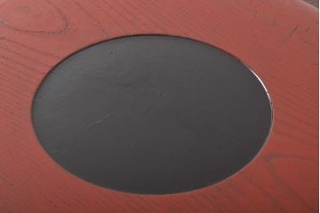 明治〜大正　朱塗　轆轤目欅　丸盆(ケヤキ、渦巻、根来?)(R-045153)