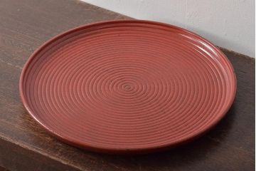 明治〜大正　朱塗　轆轤目欅　丸盆(ケヤキ、渦巻、根来?)(R-045153)