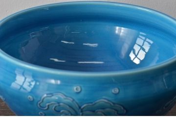 真葛香斎　浅黄交趾波之絵　平水指　共箱　茶道具(R-045164)