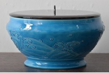 真葛香斎　浅黄交趾波之絵　平水指　共箱　茶道具(R-045164)