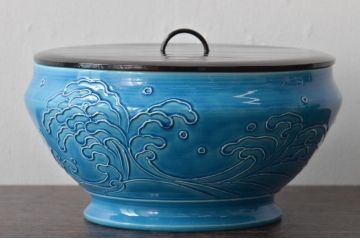 真葛香斎　浅黄交趾波之絵　平水指　共箱　茶道具(R-045164)