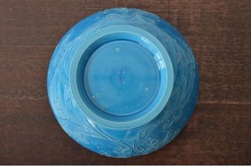 真葛香斎　浅黄交趾波之絵　平水指　共箱　茶道具(R-045164)