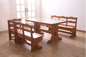 中古　横浜ダニエル(daniel)　A-533　2人掛け 木の温もりを感じるベンチラブチェア(ベンチ、ダイニングチェア、板座、長椅子)(定価約38万円)(R-045178)