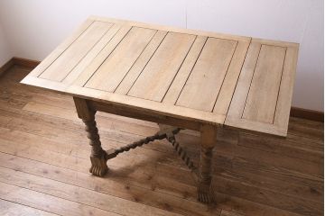 アンティーク家具　イギリス　ストリップド(剥離)　オーク材製のドローリーフテーブル(エクステンションテーブル)(R-045180)