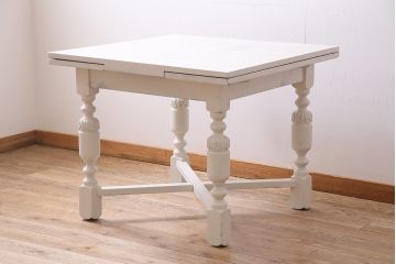 アンティーク家具　イギリスアンティーク　白いペイントのドローリーフテーブル(エクステンションテーブル、ダイニングテーブル)(R-045218)