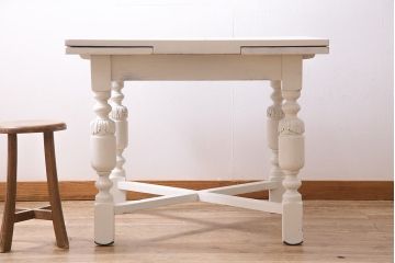 アンティーク家具　イギリスアンティーク　白いペイントのドローリーフテーブル(エクステンションテーブル、ダイニングテーブル)(R-045218)