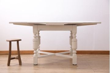 アンティーク家具　イギリスアンティーク　白いペイントのドローリーフテーブル(エクステンションテーブル、ダイニングテーブル)(R-045218)