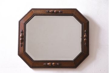 アンティーク雑貨　イギリスアンティーク　オーク材　八角形のフレームがおしゃれなウォールミラー(壁掛けミラー、鏡)(R-045241)