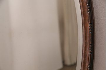 アンティーク雑貨　和製アンティーク　オーク材　オーバル型　品のある佇まいが魅力の壁掛けミラー(ウォールミラー、鏡)(R-045242)