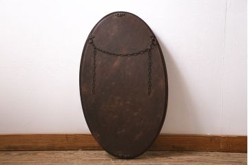 アンティーク雑貨　和製アンティーク　オーク材　オーバル型　品のある佇まいが魅力の壁掛けミラー(ウォールミラー、鏡)(R-045242)