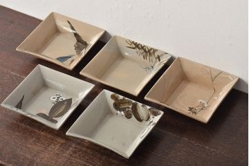乾山銘　角皿5枚(写し?、図変り、草花文、茶道具、和食器)(R-045264)