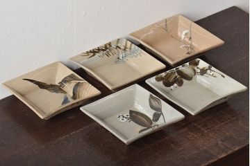 乾山銘　角皿5枚(写し?、図変り、草花文、茶道具、和食器)(R-045264)
