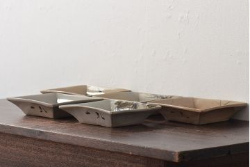 乾山銘　角皿5枚(写し?、図変り、草花文、茶道具、和食器)(R-045264)