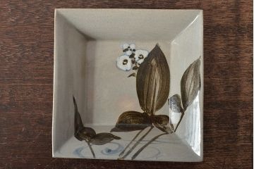 乾山銘　角皿5枚(写し?、図変り、草花文、茶道具、和食器)(R-045264)