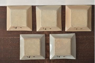 乾山銘　角皿5枚(写し?、図変り、草花文、茶道具、和食器)(R-045264)