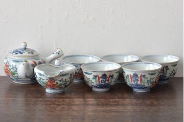 明治〜大正　九谷焼　色絵　茶器セット(急須、湯冷まし、茶碗、湯呑み、和食器)(R-045265)