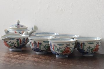 明治〜大正　九谷焼　色絵　茶器セット(急須、湯冷まし、茶碗、湯呑み、和食器)(R-045265)