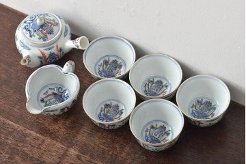 明治〜大正　九谷焼　色絵　茶器セット(急須、湯冷まし、茶碗、湯呑み、和食器)(R-045265)