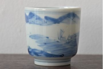 明治期　伊万里焼　山水図　染付　湯呑2客(湯呑み、和食器)(R-045266)