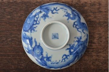 江戸期　古伊万里　長皿　線描なます皿　龍の図　蓋茶碗　海老皿など5点(染付、和食器)(R-045269)