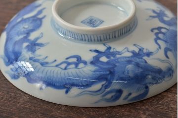 江戸期　古伊万里　長皿　線描なます皿　龍の図　蓋茶碗　海老皿など5点(染付、和食器)(R-045269)