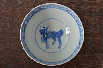 江戸期　古伊万里　長皿　線描なます皿　龍の図　蓋茶碗　海老皿など5点(染付、和食器)(R-045269)