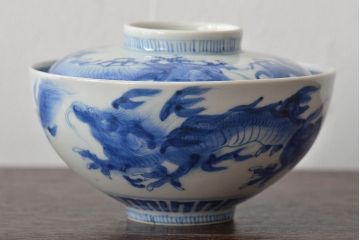 江戸期　古伊万里　長皿　線描なます皿　龍の図　蓋茶碗　海老皿など5点(染付、和食器)(R-045269)