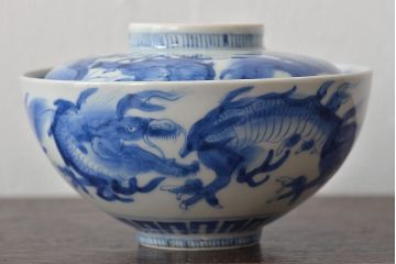 江戸期　古伊万里　長皿　線描なます皿　龍の図　蓋茶碗　海老皿など5点(染付、和食器)(R-045269)