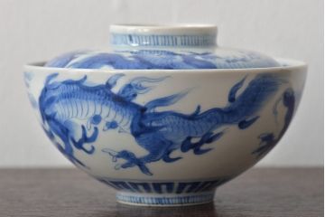 江戸期　古伊万里　長皿　線描なます皿　龍の図　蓋茶碗　海老皿など5点(染付、和食器)(R-045269)