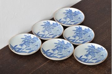 大正〜昭和初期　鳥に蟷螂図　図変わり　印判皿6枚(カマキリ、手塩皿、和食器)(R-045270)