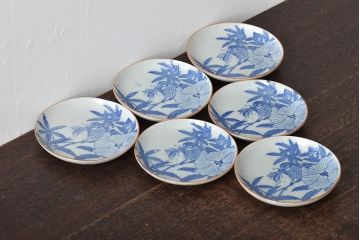 大正〜昭和初期　鳥に蟷螂図　図変わり　印判皿6枚(カマキリ、手塩皿、和食器)(R-045271)