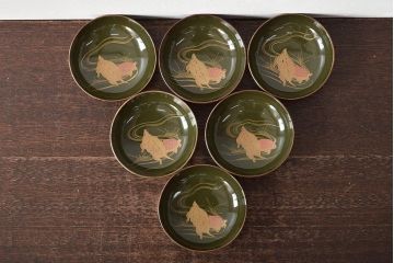 大正〜昭和初期　亀の図　蒔絵　木皿6枚セット(漆器小皿)(R-045316)