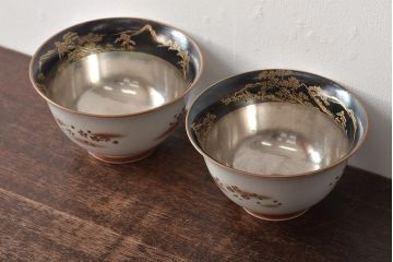 明治期　九谷松雲堂　八山画　金彩銀彩　盃洗一対(杯洗)(R-045317)