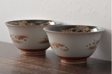 明治期　九谷松雲堂　八山画　金彩銀彩　盃洗一対(杯洗)(R-045317)