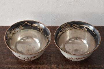明治期　九谷松雲堂　八山画　金彩銀彩　盃洗一対(杯洗)(R-045317)