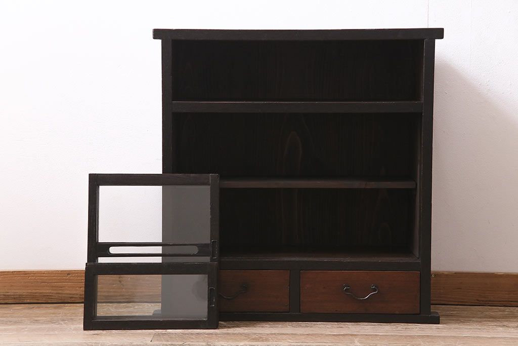 アンティーク家具　大正期　引き出し付き　小ぶりサイズ!和の雰囲気漂う戸棚(ガラスキャビネット、収納棚)(R-045351)