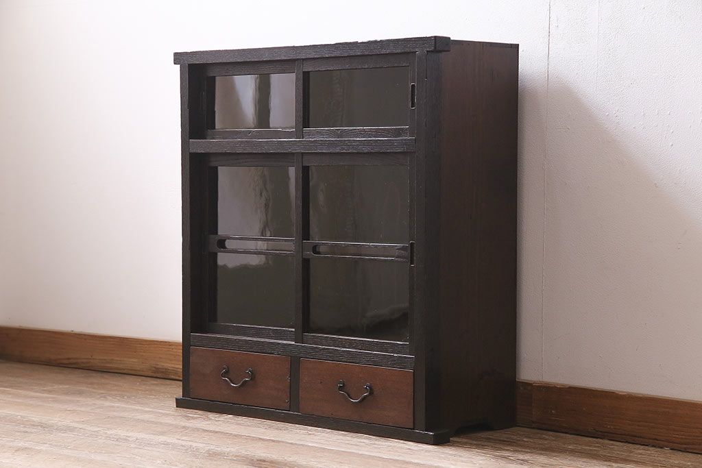 アンティーク家具　大正期　引き出し付き　小ぶりサイズ!和の雰囲気漂う戸棚(ガラスキャビネット、収納棚)(R-045351)
