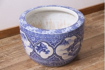 アンティーク雑貨　昭和初期　山水図　繊細に描かれた図柄が美しい瀬戸火鉢(鉢カバー)(R-045353)