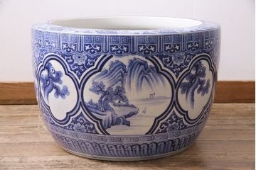 アンティーク雑貨　昭和初期　山水図　繊細に描かれた図柄が美しい瀬戸火鉢(鉢カバー)(R-045353)