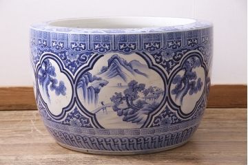アンティーク雑貨　昭和初期　山水図　繊細に描かれた図柄が美しい瀬戸火鉢(鉢カバー)(R-045353)