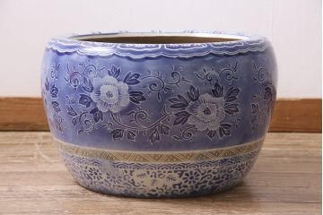 アンティーク雑貨　昭和初期　草花の図が空間を彩る瀬戸火鉢(鉢カバー)(R-045354)