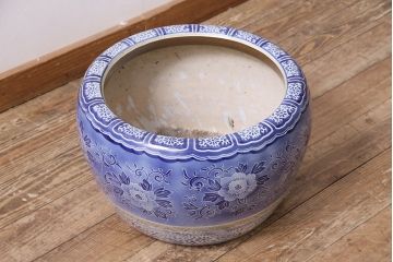 アンティーク雑貨　昭和初期　草花の図が空間を彩る瀬戸火鉢(鉢カバー)(R-045354)
