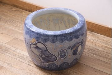 アンティーク雑貨　昭和初期　縁起物の図柄が目を惹く瀬戸火鉢(鉢カバー)(R-045355)